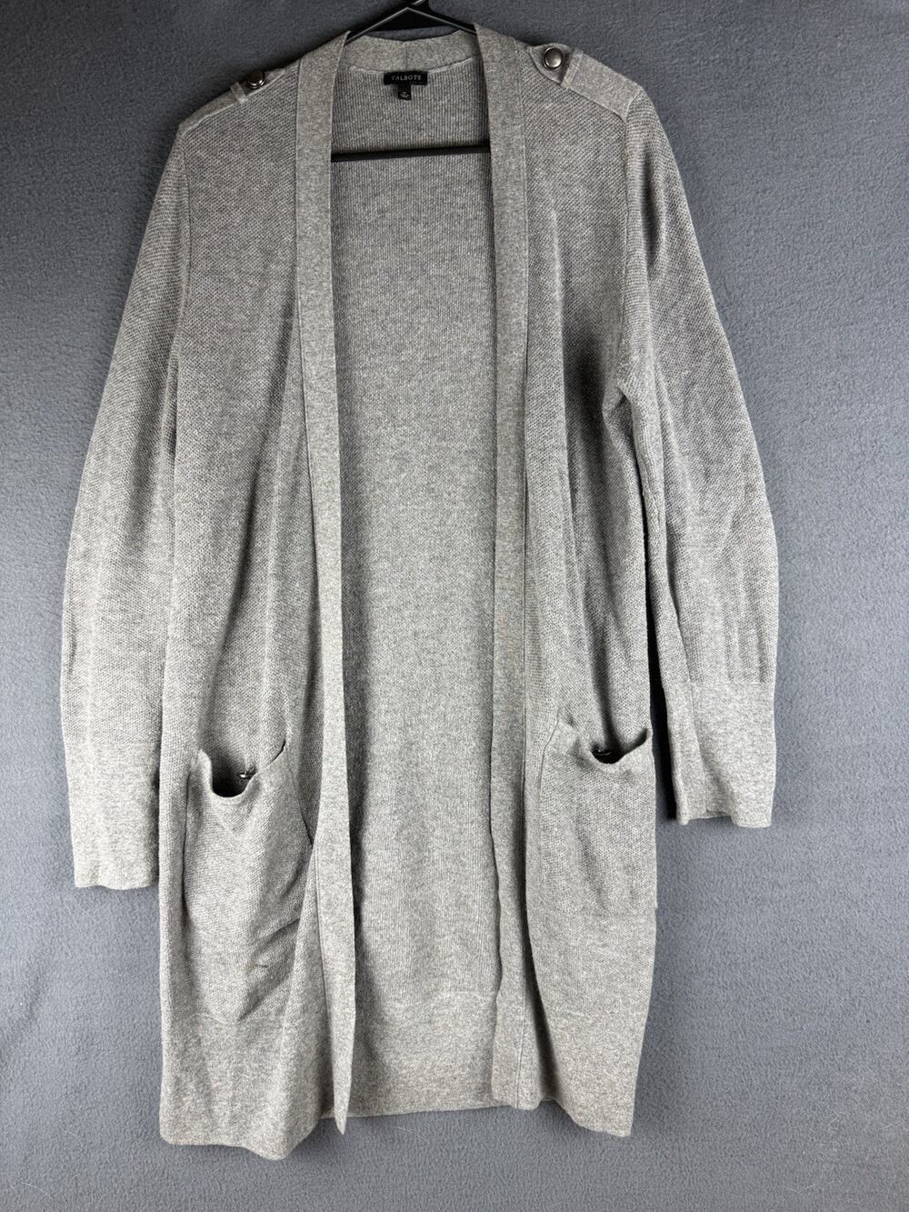 Talbots Gray Long Open Front Cardigan Sweater Pockets Women's Med Cashmere
